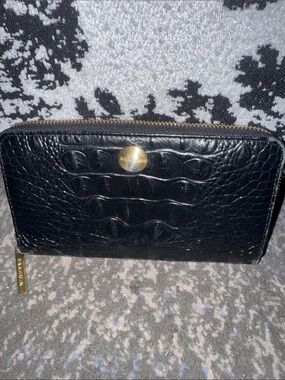 Brahmin Black Croc-Embossed Zip-Around Wallet with Gold Hardware